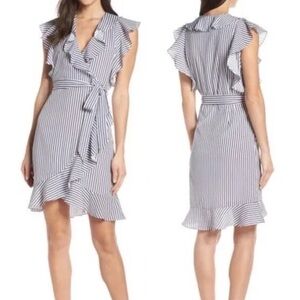 Elizabeth Crosby Pippa Ruffle Striped Wrap Dress Blue size Small
